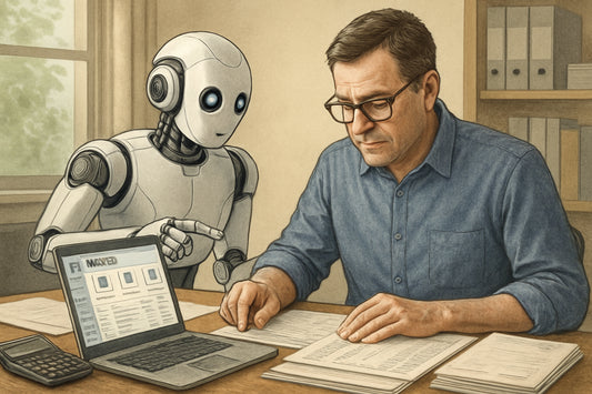 Illustration showing AI robot assisting a bookkeeper with financial documents. Alt: AI bookkeeping software automating accounting tasks for small businesses.
