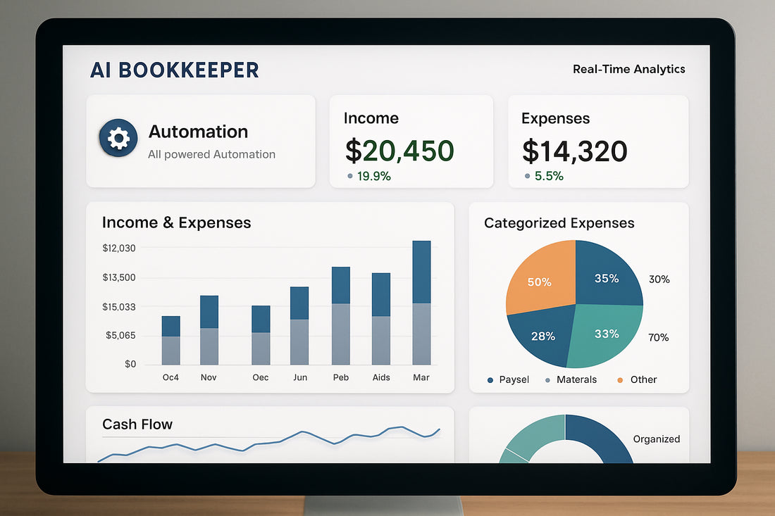 AI bookkeeper software dashboard showing automation and real-time analytics. Alt: Best AI bookkeeping software dashboard featuring real-time financial insights.