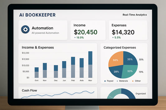 AI bookkeeper software dashboard showing automation and real-time analytics. Alt: Best AI bookkeeping software dashboard featuring real-time financial insights.