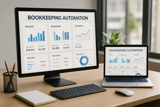 An office workspace with computer screens displaying automated bookkeeping dashboards showing charts and reports. Alt: bookkeeping automation software dashboard for small businesses.
