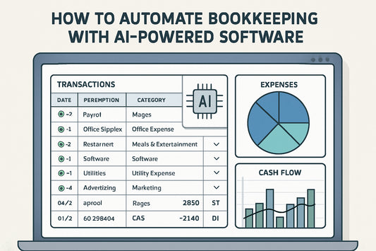 Illustration of AI-driven bookkeeping software interface showing automated transaction categorization and dashboards. Alt: How to automate bookkeeping with AI-powered software interface.