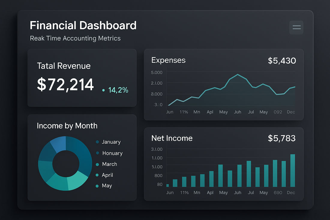 A sleek, digital financial dashboard showing real-time accounting metrics with charts and graphs. Alt: Bookkeeping automation real-time financial dashboard for smarter decisions.