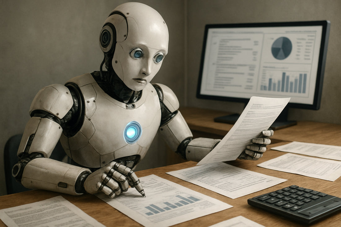 An AI robot processing financial documents, symbolizing AI bookkeeping software in action. Alt: AI bookkeeping software automation in finance operations.