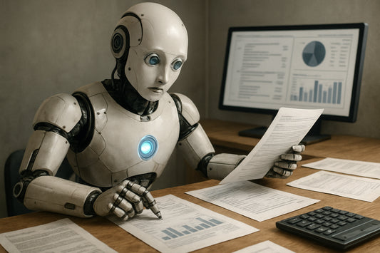 An AI robot processing financial documents, symbolizing AI bookkeeping software in action. Alt: AI bookkeeping software automation in finance operations.